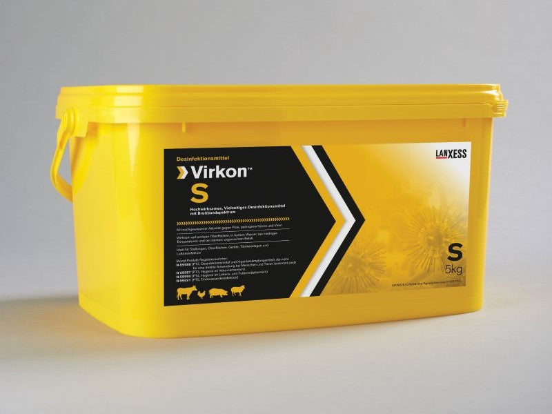 Yellow container with Virkon S label on a gray background