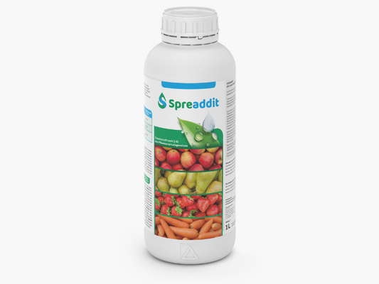 White bottle labeled 'Spreaddit' with images of fruits and vegetables on a white background