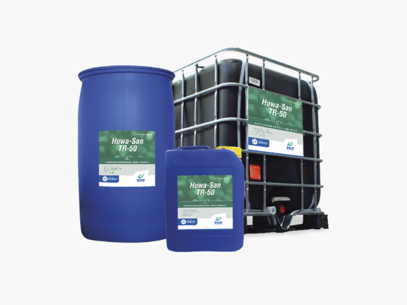 Huwa-San TR-50 containers including a large blue drum, smaller blue container, and a large black IBC tank on a white background.