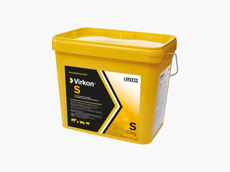Yellow container of Virkon S disinfectant with Lanxess branding