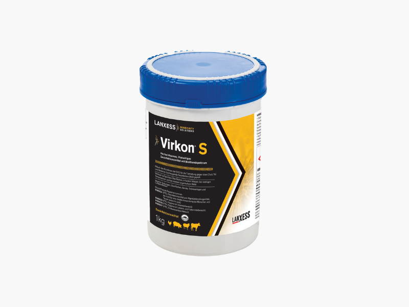 Container of Lanxess Virkon S on a white background